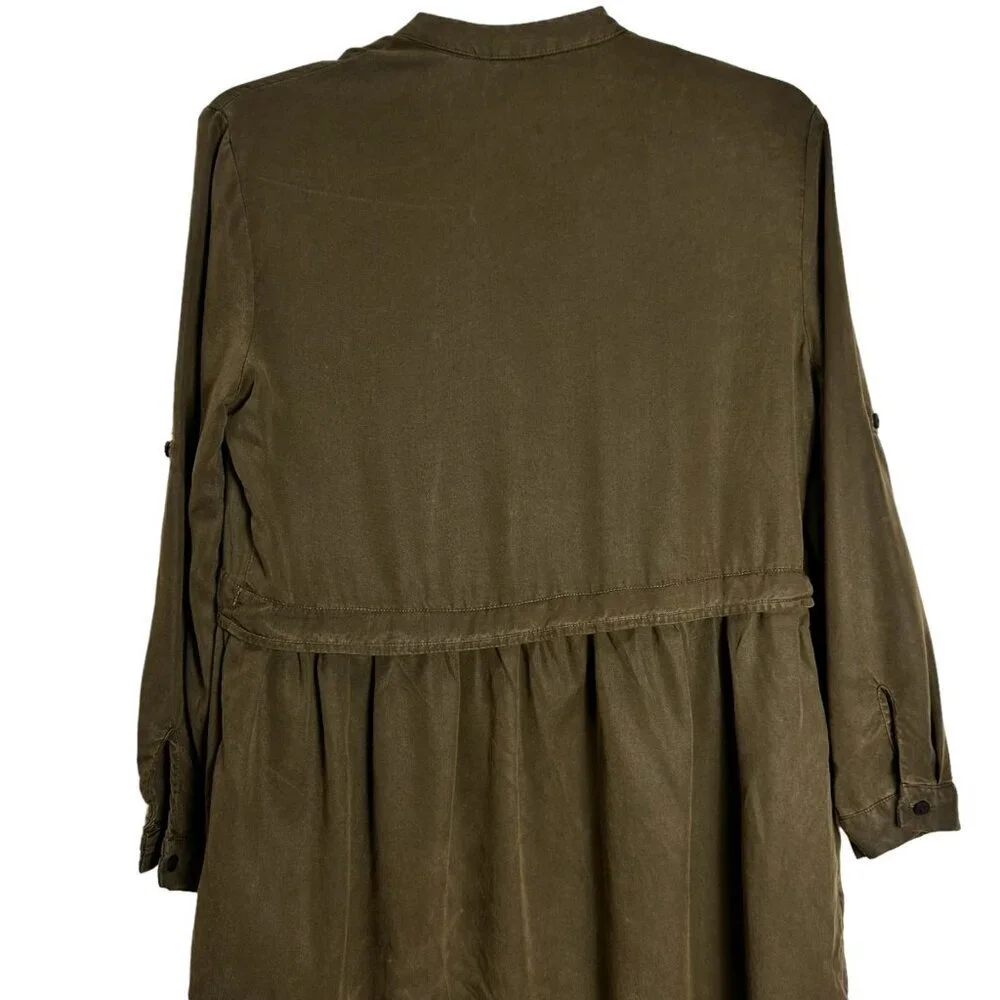 Zara Olive Green Beaded Shirt Dress Long Sleeve Utility Chic Size S - Picture 10 of 12